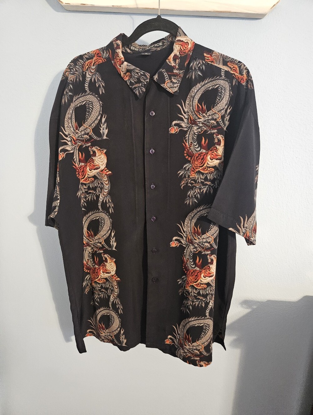 Mens Button Down Black Short-Sleeve Shirt with Orange and Cream Dragon Motif